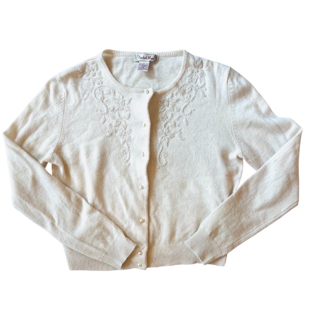 Vintage Rachel Max White Beading on Ivory Embroidered Cardigan Size L